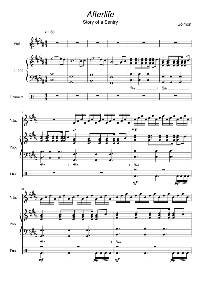 Afterlife Sheet music for Piano, Violin, Drum group (Mixed Trio